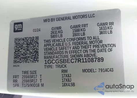 2024 Chevrolet Colorado 2Wd Wt z USA, uszkodzony, nr VIN 1GCGSBEC7R1108789